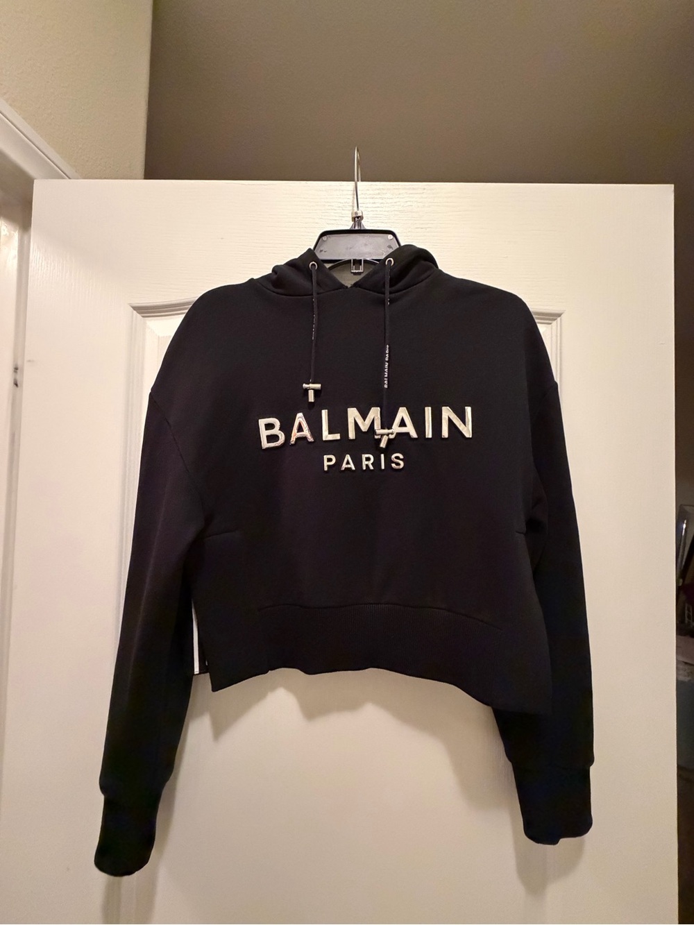 Balmain Paris Black Logo Cropped Hoodie Sweater